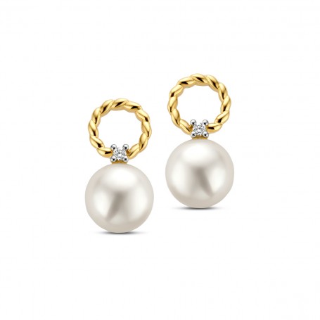 BOUCLES D'OREILLES OR JAUNE DIAMANT & PERLE